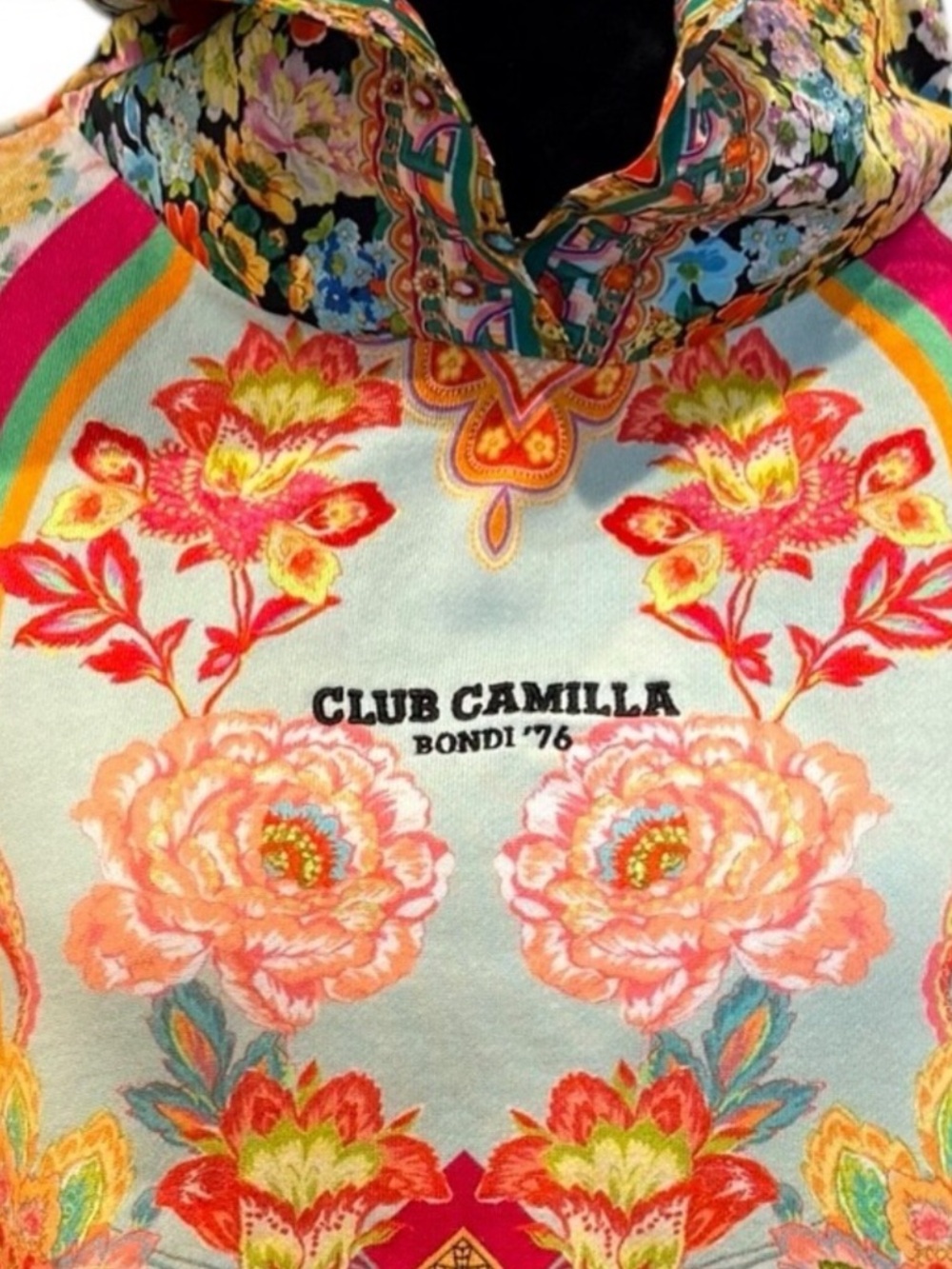 Camilla Ciao Bella Baroque Floral Hoodie Green Pink Sweatshirt Top Size Large - Picture 11 of 12